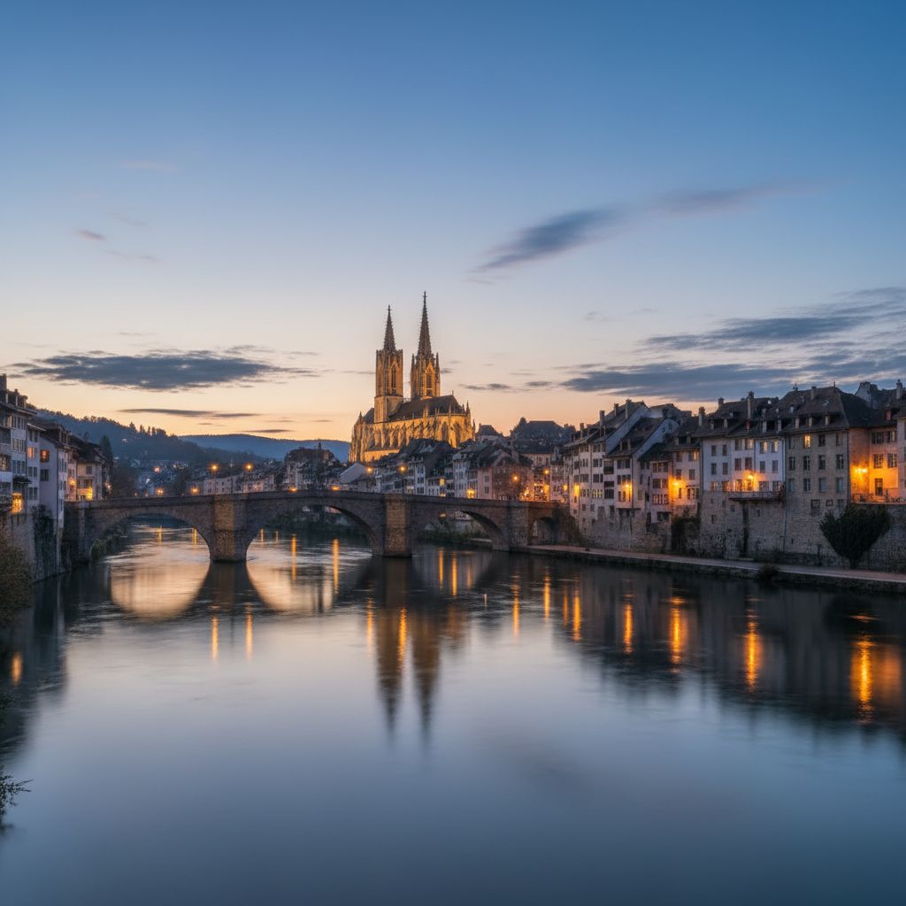 Vue panoramique paisible de la ville de Fribourg, avec ses ponts et sa cathédrale, baignée dans une lumière douce et éthérée au crépuscule.