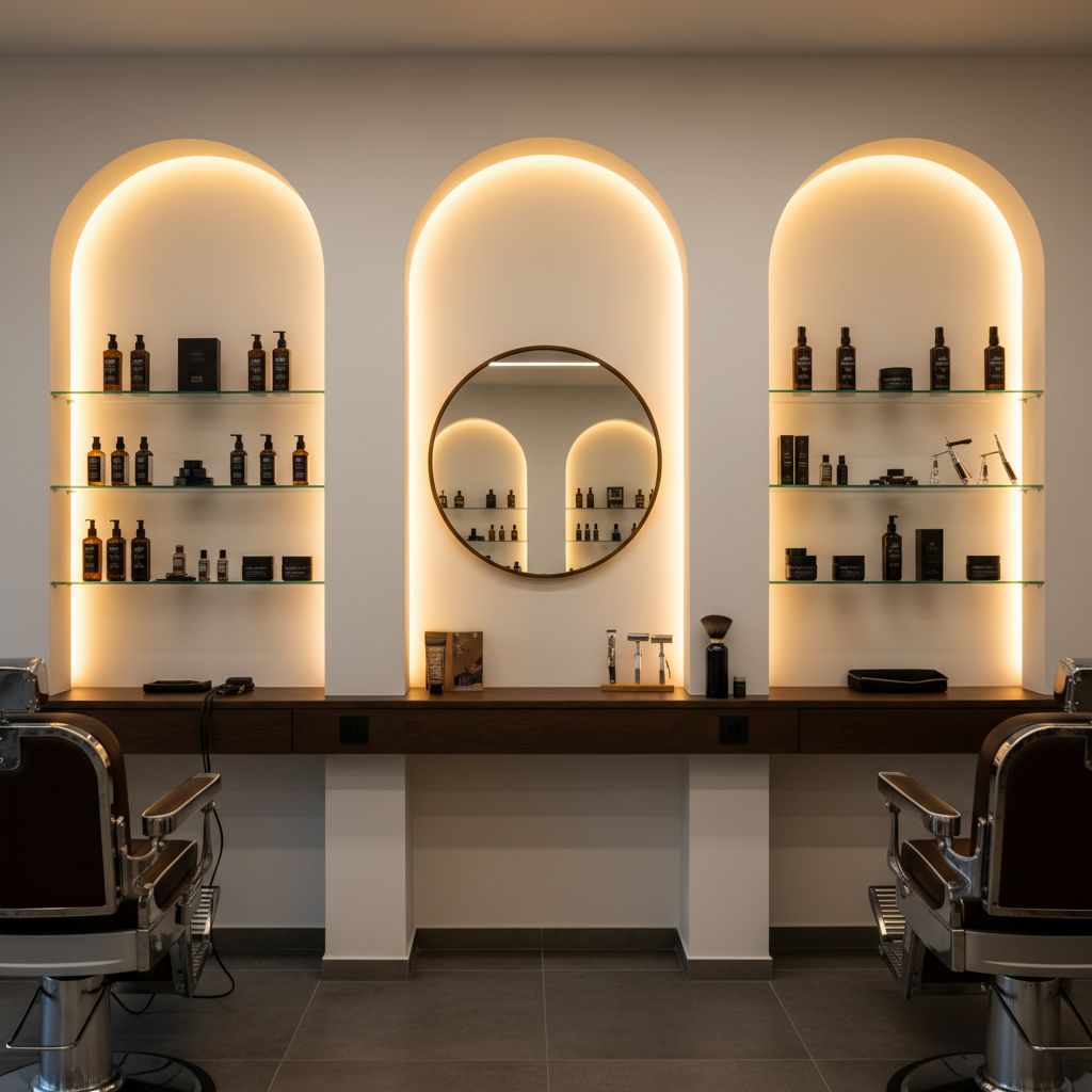 Intérieur d'un barbier haut de gamme avec des niches murales en arche éclairées, présentant des produits de soin pour homme.