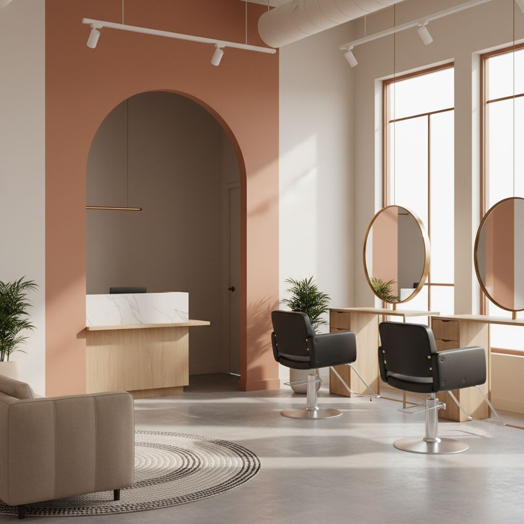 Intérieur d'un salon de coiffure moderne et élégant avec une arche peinte en terracotta séparant la zone d'accueil de l'espace de coiffage.