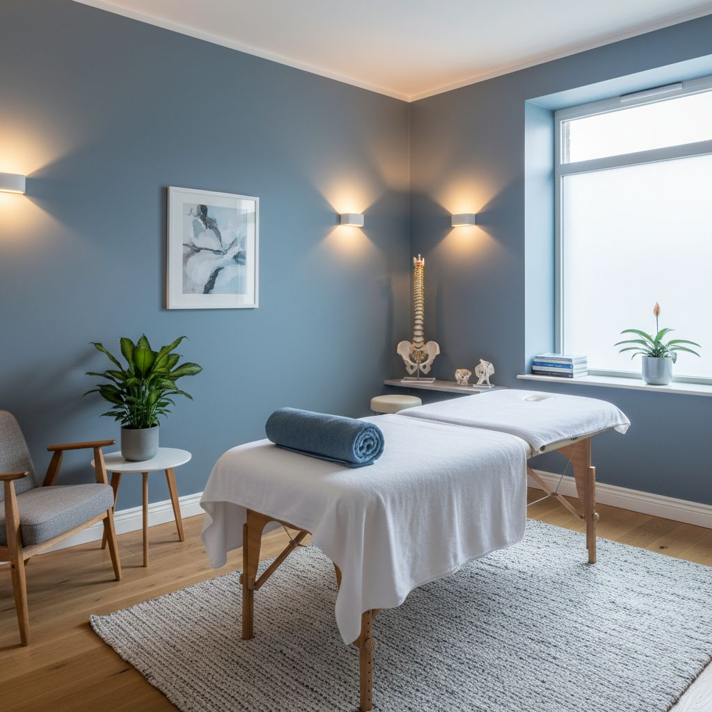 Une salle de consultation d'ostéopathie calme et accueillante, avec une lumière douce, montrant une table de massage professionnelle et un environnement serein.