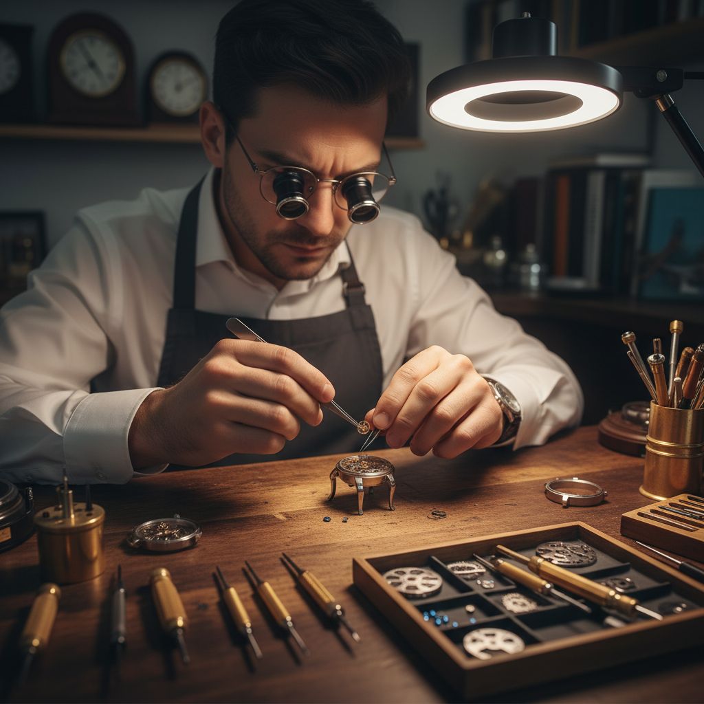 Un horloger absorbé par son travail sur un mouvement de montre complexe, à son établi rempli d'outils de précision. L'image incarne l'artisanat et la complexité de ce secteur unique.