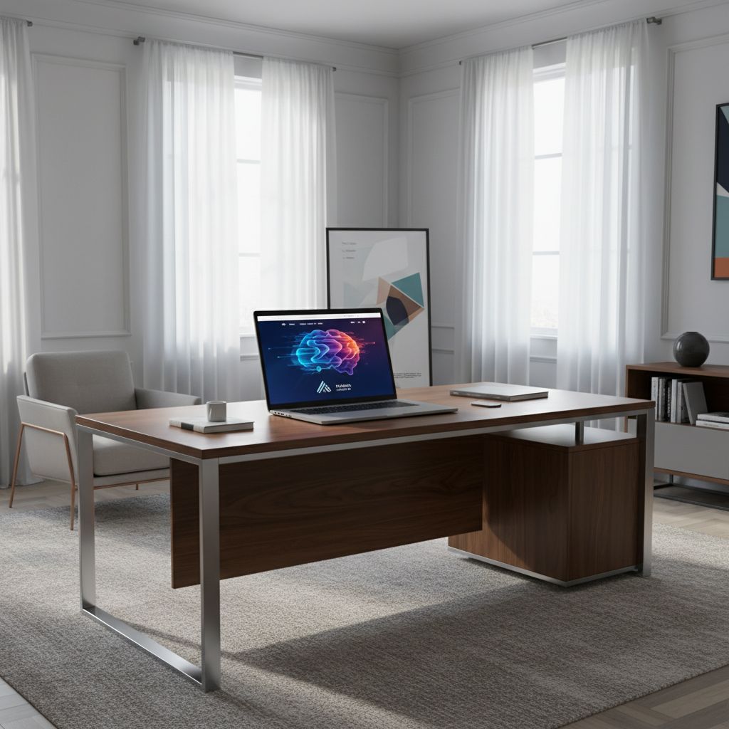 A sleek, modern desk with a laptop showing a vibrant website design taking shape, which really captures the speed and creativity of building with AI. Soft, natural light fills the room.