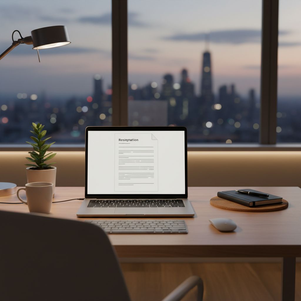 Un bureau moderne et épuré avec un ordinateur portable ouvert sur un document texte, symbolisant la rédaction d'une lettre de démission. La vue par la fenêtre montre une ville animée au crépuscule, évoquant un professionnel qui travaille tard.
