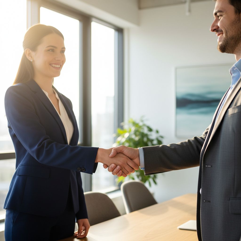 Deux personnes se serrent la main dans un bureau, symbolisant un départ professionnel et cordial. L'ambiance est positive et respectueuse.