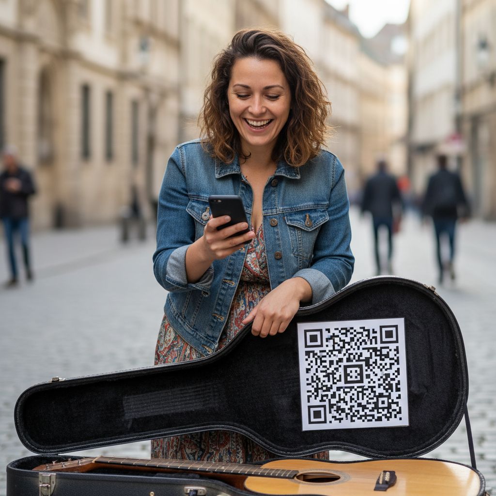 A street musician smiling at her phone, with a QR code displayed on her instrument case, looking hopeful and optimistic.