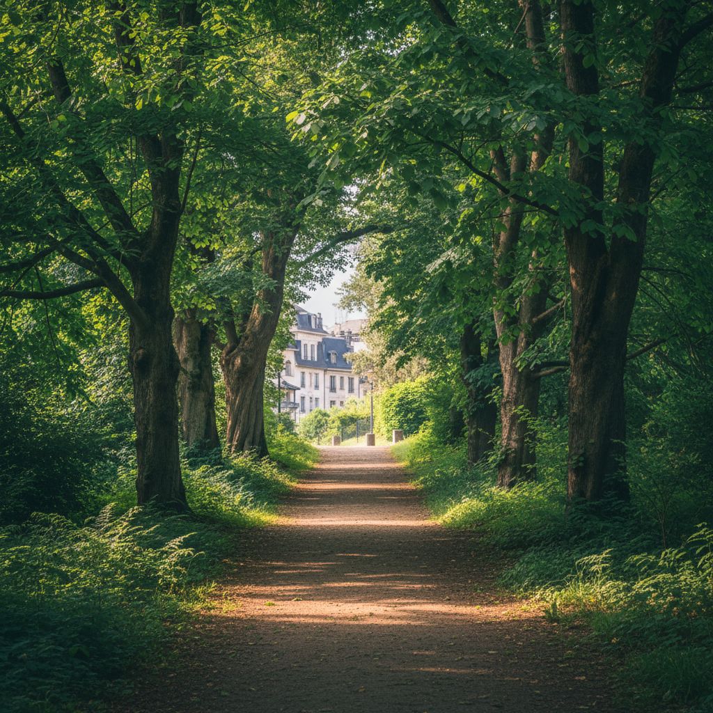 Vue paisible d'un sentier arboré menant vers le quartier de Champel en Suisse, avec une lumière douce filtrant à travers les feuilles, évoquant le calme et la sérénité.