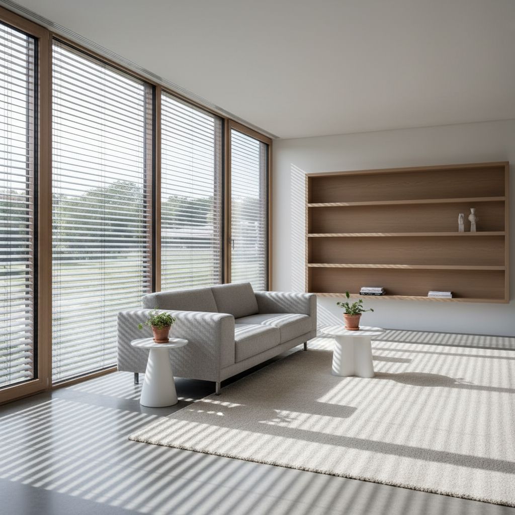 Un salon moderne et lumineux avec des stores intérieurs sur mesure parfaitement intégrés à la décoration, laissant filtrer une lumière douce.
