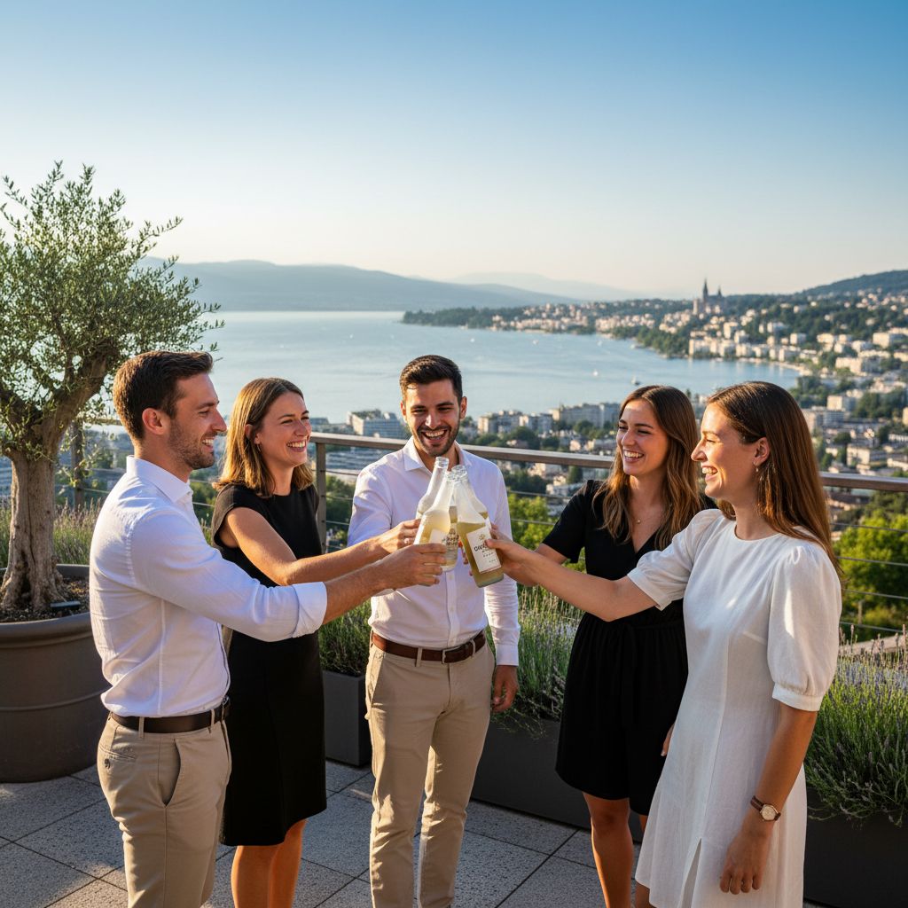 Un groupe de jeunes adultes souriants partageant des bouteilles de Grano Maté sur une terrasse ensoleillée avec une vue lointaine sur le lac Léman et la ville de Lausanne.