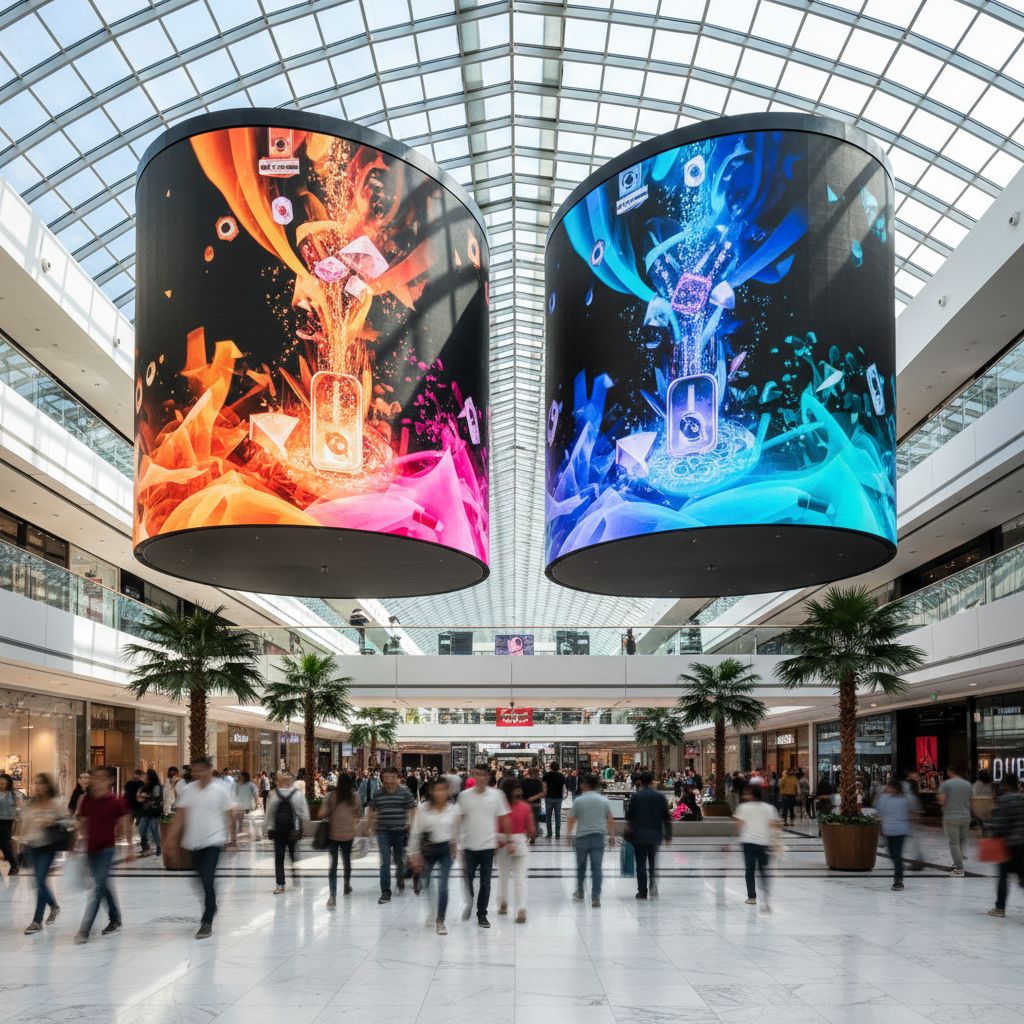 Un centre commercial moderne et animé, avec de grands écrans numériques affichant des publicités colorées et attrayantes aux visiteurs.