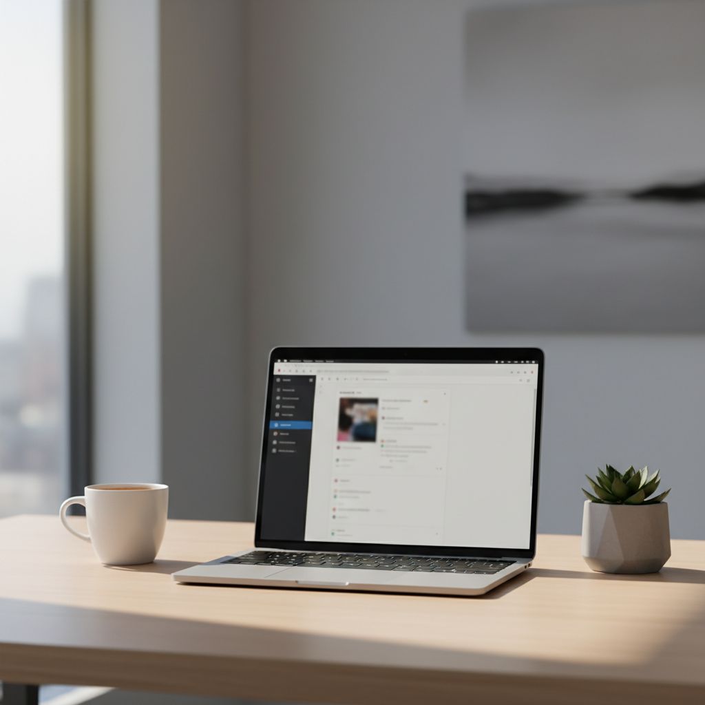 Un bureau moderne avec un ordinateur portable affichant le backend de WordPress, symbolisant la refonte d