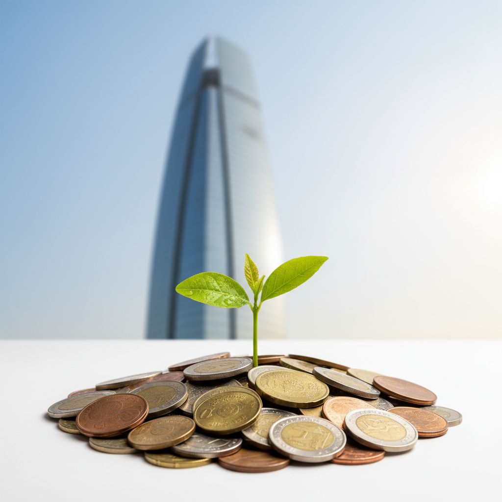 Image symbolique : une petite plante verte qui grandit au milieu de pièces de monnaie, avec la silhouette d'un gratte-ciel en arrière-plan. L'image évoque l'ambition et la croissance d'une entreprise en SA.