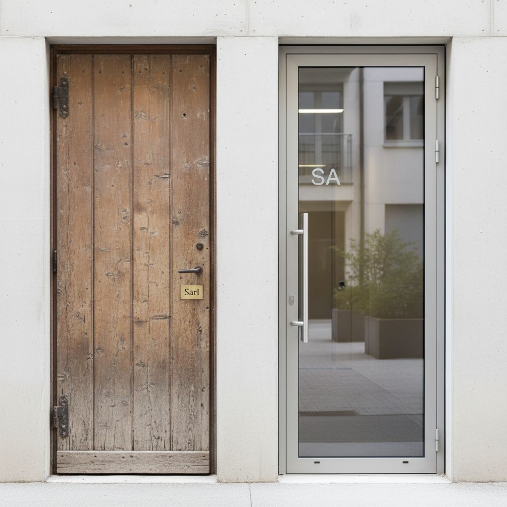 Une image symbolique montrant deux portes distinctes, l'une simple et en bois (Sàrl), l'autre plus grande et moderne en verre et acier (SA), représentant le choix de la structure juridique pour une entreprise.