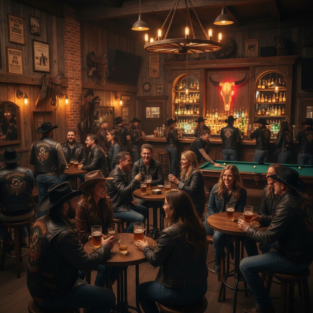 Intérieur chaleureux et animé d'un bar de style cowboy-biker la nuit, avec des clients qui discutent joyeusement sous un éclairage tamisé.
