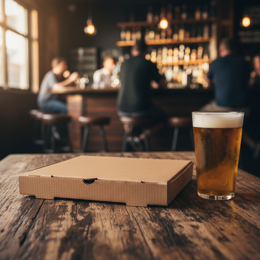 Une boîte de pizza posée sur une table en bois rustique dans un bar, à côté d'une pinte de bière fraîche, avec l'ambiance du bar en arrière-plan flou.