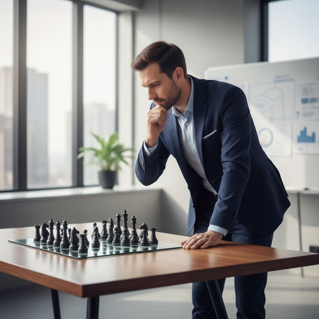 Un entrepreneur regardant un échiquier complexe, représentant la planification stratégique des mouvements financiers futurs de sa startup.