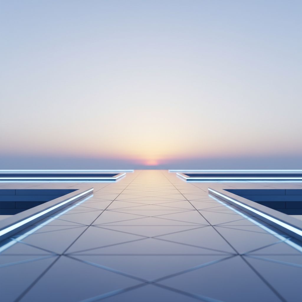 Une piste de décollage s'étendant vers un horizon numérique et futuriste, symbolisant la planification et la vision à long terme d'une startup.