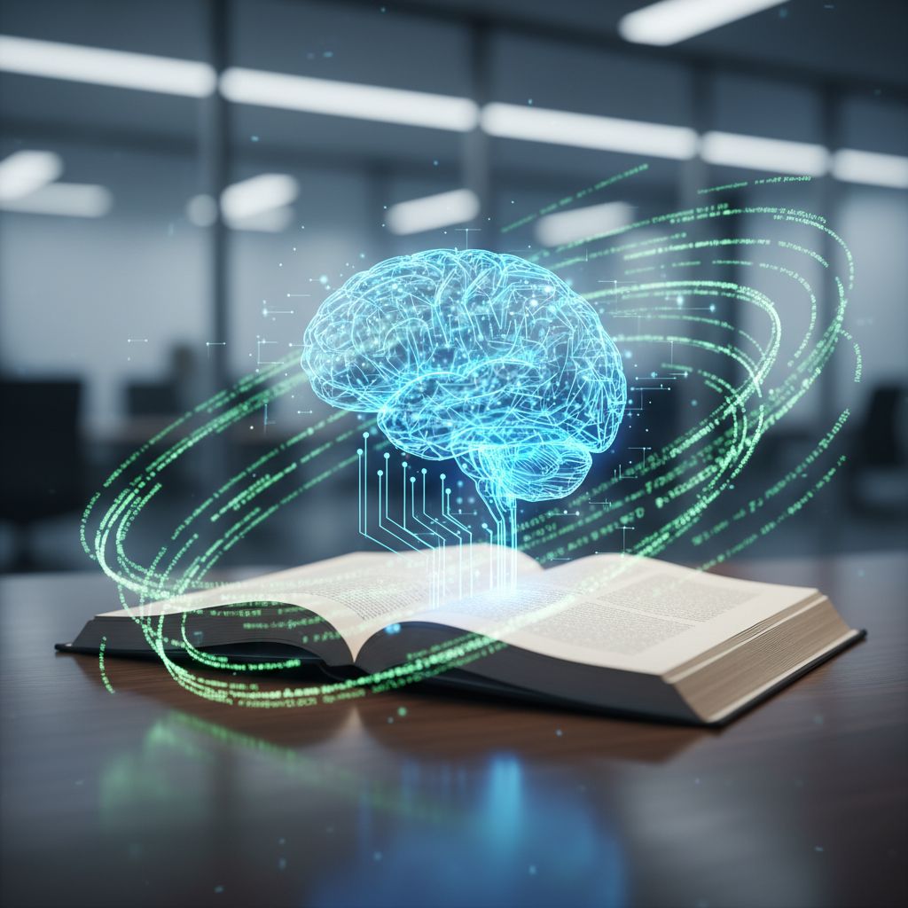An image of a glowing digital brain hooked up to a manuscript, with code swirling around, visually explaining how an AI writes a draft.