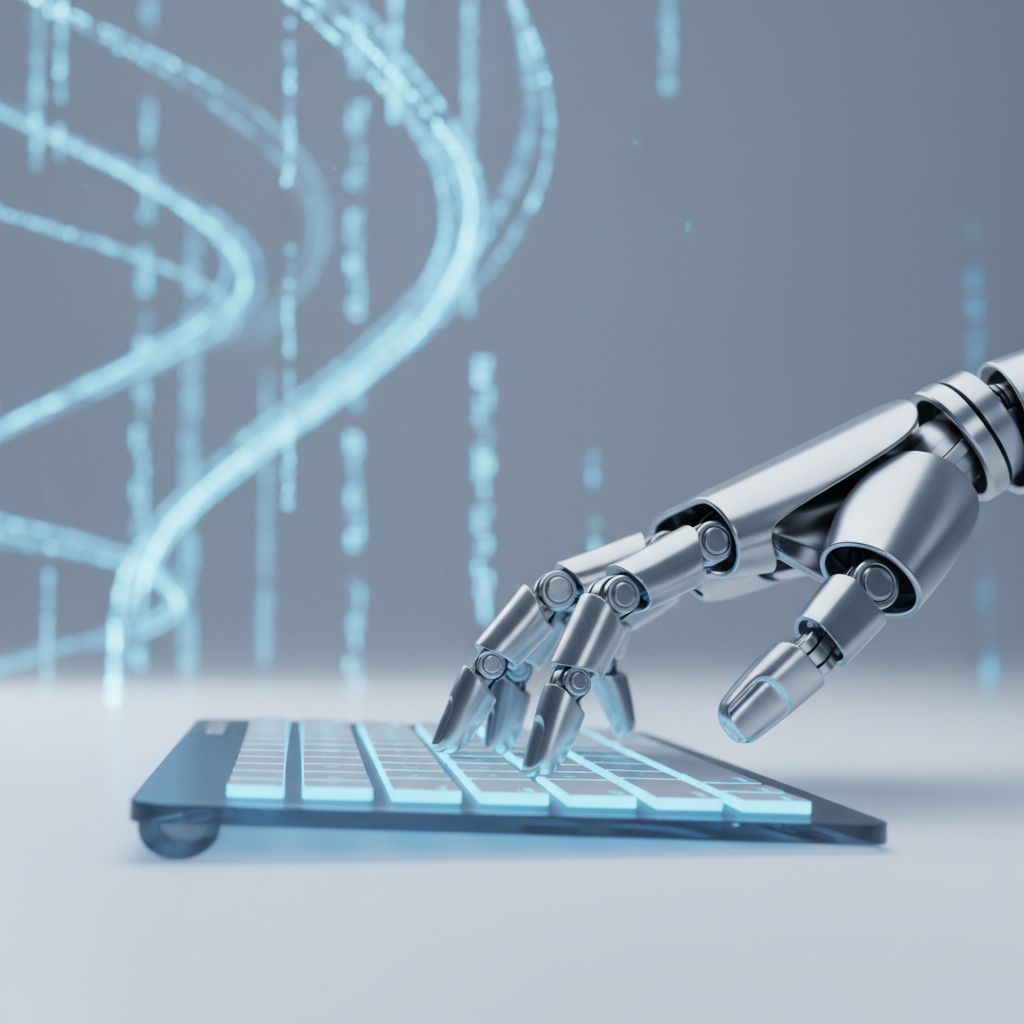 A robotic arm from the future busily typing on a keyboard as digital data streams swirl around, a perfect symbol for AI content automation.
