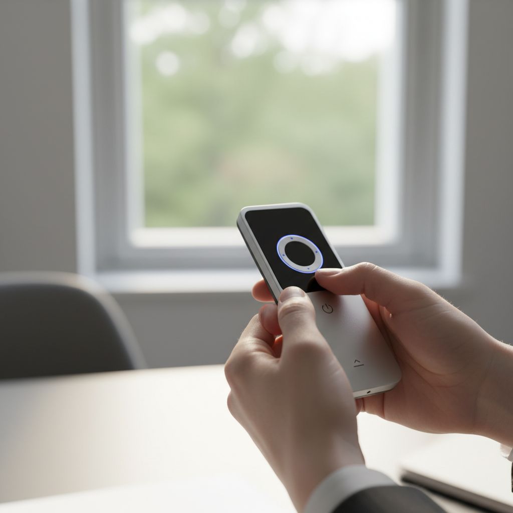 A person holding a modern remote control for an electric blind, pointing it towards the window with a focused expression.