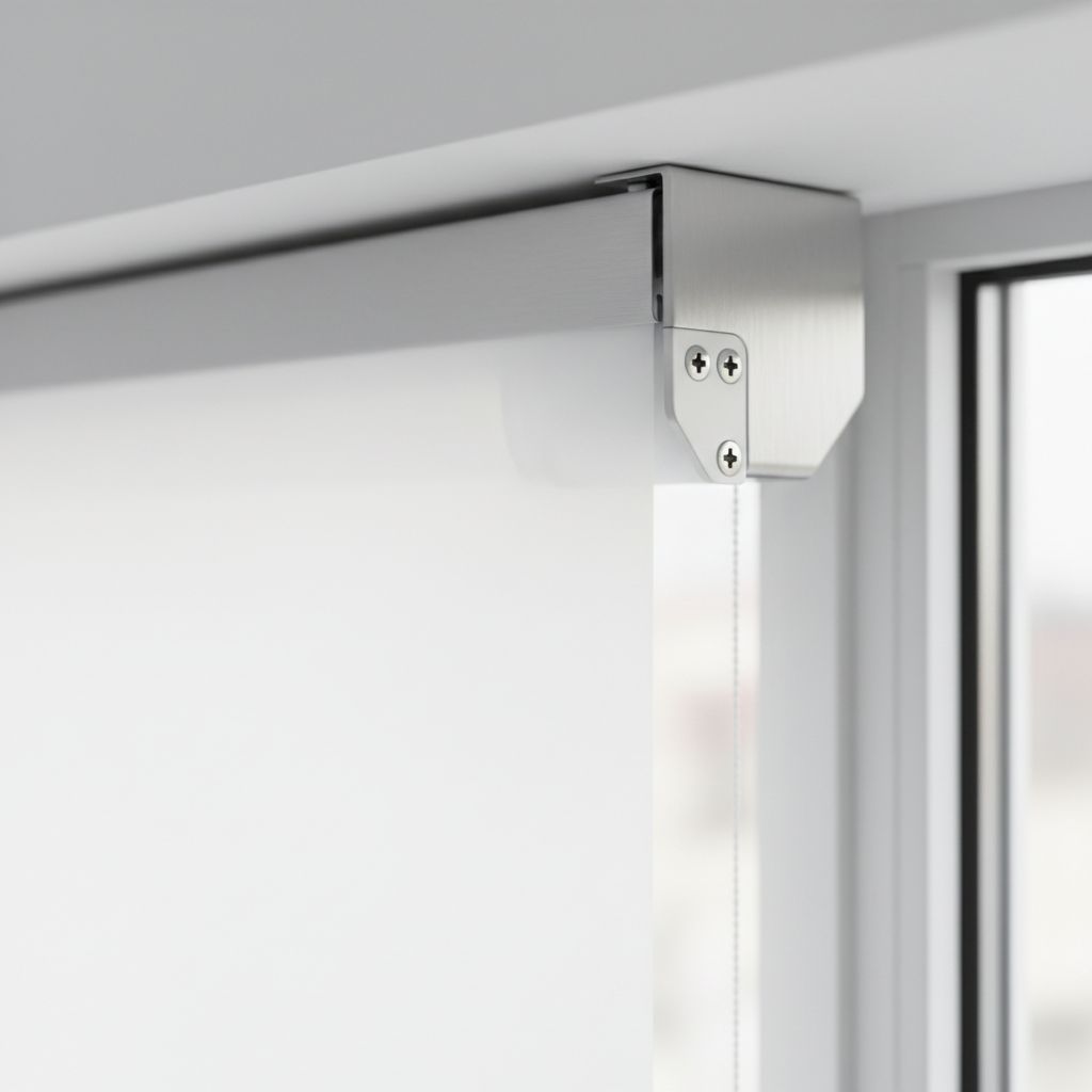 Close-up of an electric blind motor head showing mechanical adjustment screws on a clean, modern blind.