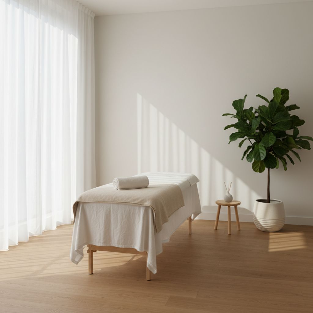 Une image inspirant la sérénité : une salle de soin minimaliste baignée d'une lumière douce, avec une plante verte et une table de massage, une véritable invitation au calme.