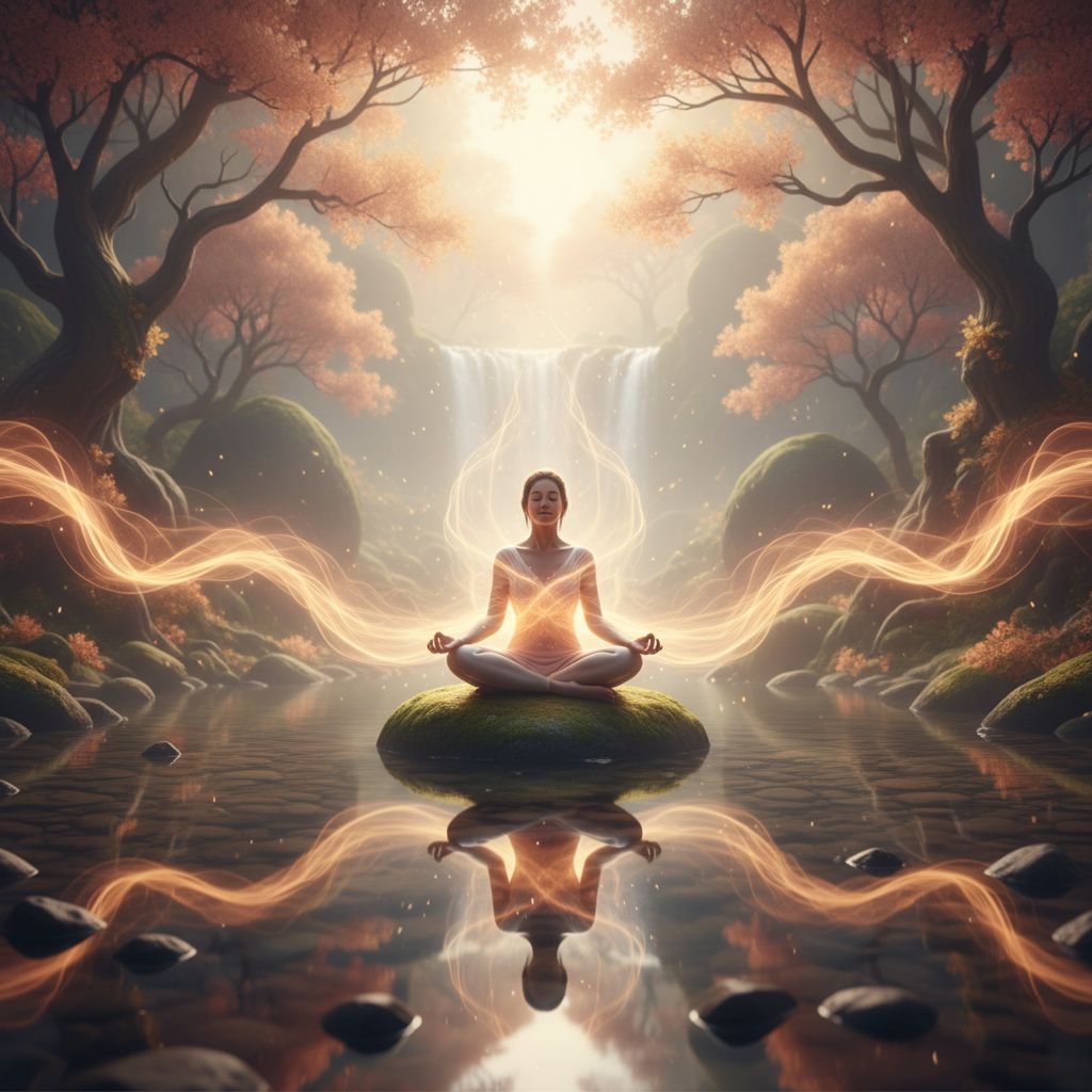 Une image abstraite et artistique représentant des flux d'énergie colorés et lumineux, symbolisant le rééquilibrage des chakras et le bien-être spirituel.