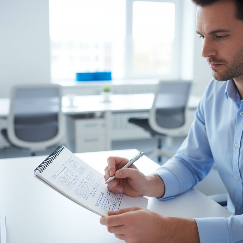 A thoughtful entrepreneur sketching out a website design on a notepad in a modern, bright office space.