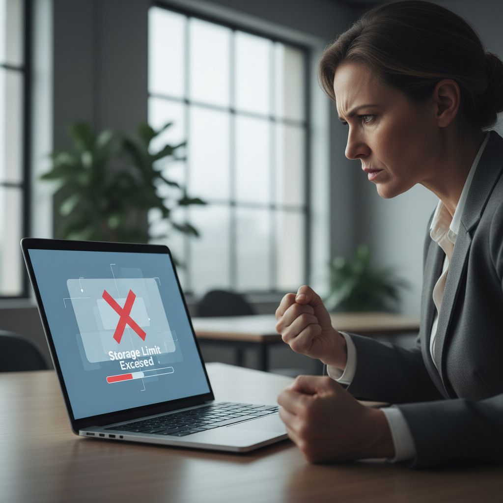 A business owner looking frustrated at their laptop, which is showing a 'Storage Limit Exceeded' error message.