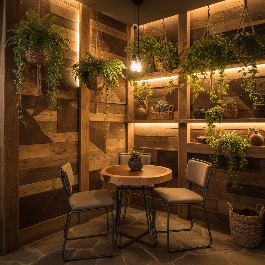 Un coin de restaurant convivial mettant en valeur des matériaux durables comme le bois de récupération et le métal recyclé, agrémenté de plantes vertes luxuriantes.