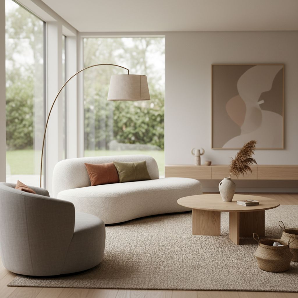 Un salon moderne et chic incarnant les tendances 2023-2025, avec des matériaux naturels, un éclairage doux et des meubles aux formes arrondies.