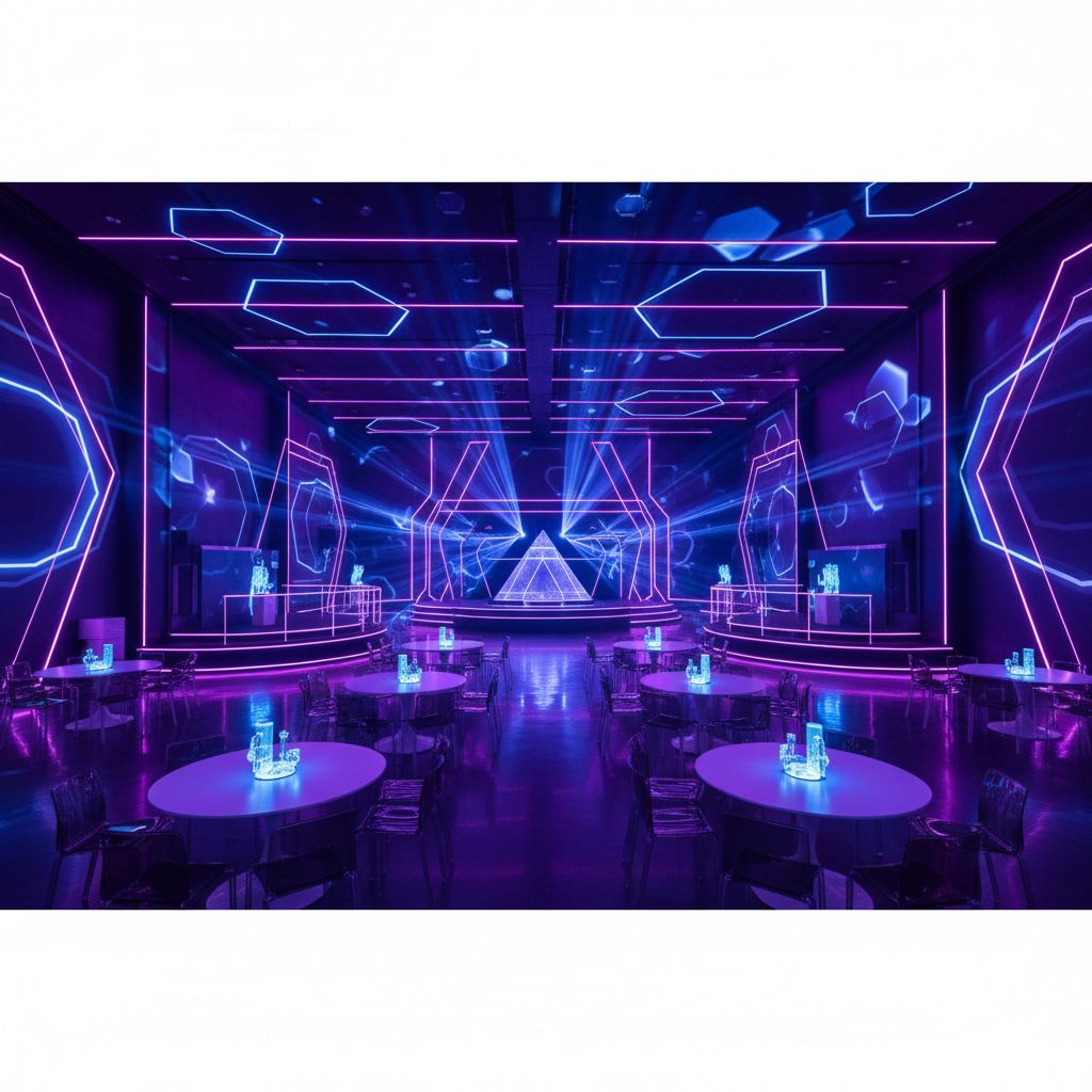 Une salle de gala d'entreprise somptueusement décorée sur un thème immersif futuriste, avec des néons bleus et violets, des structures géométriques et des projections lumineuses sur les murs.