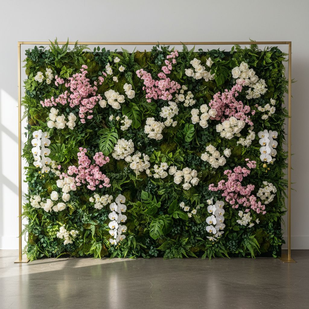 Un mur végétal luxuriant orné de fleurs blanches et roses, servant de toile de fond élégante pour un photobooth lors d'un événement d'entreprise.