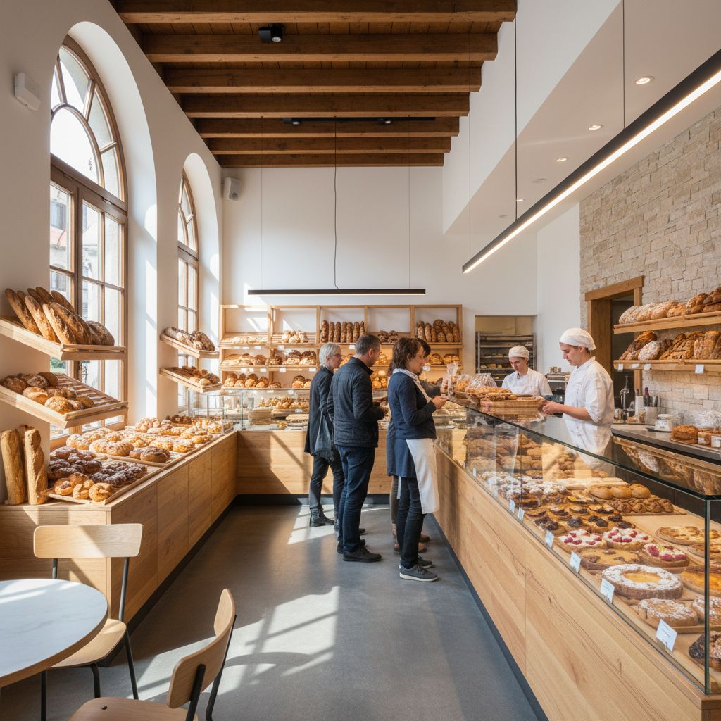 Une image réaliste d'une boulangerie moderne et lumineuse en Suisse, avec des clients choisissant des produits frais. L'accent est mis sur une ambiance chaleureuse et artisanale.