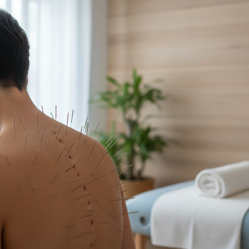 Gros plan sur une séance d'acupuncture, avec des aiguilles finement placées sur le dos d'une personne, dans une ambiance apaisante et professionnelle.