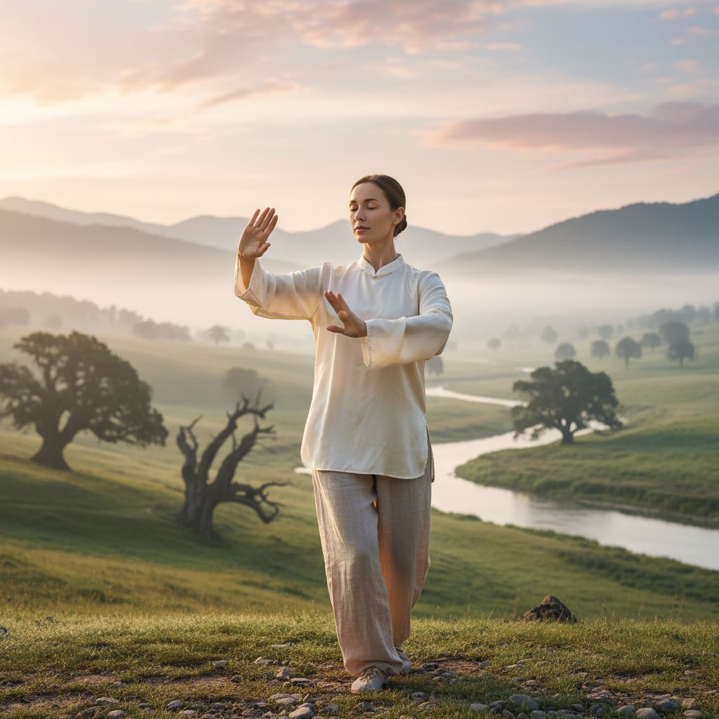 Une femme sereine pratiquant une gestuelle douce dans un paysage naturel, symbolisant l'équilibre émotionnel retrouvé grâce à la médecine chinoise.