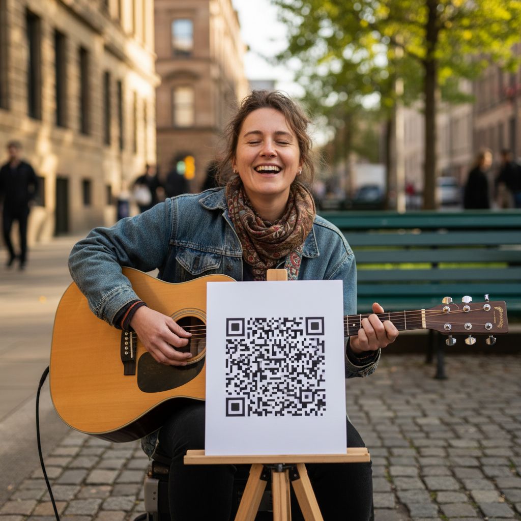 A street musician joyfully playing a guitar on a city sidewalk, with a simple sign next to their case featuring a large, scannable QR code.
