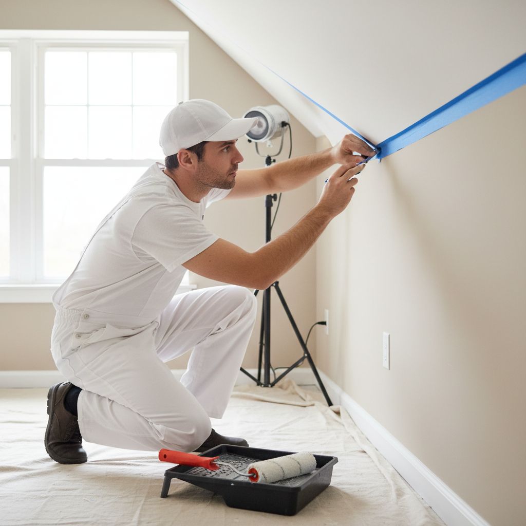 Artisan peintre protégeant les bords d'un mur avec du ruban adhésif avant de peindre le plafond.