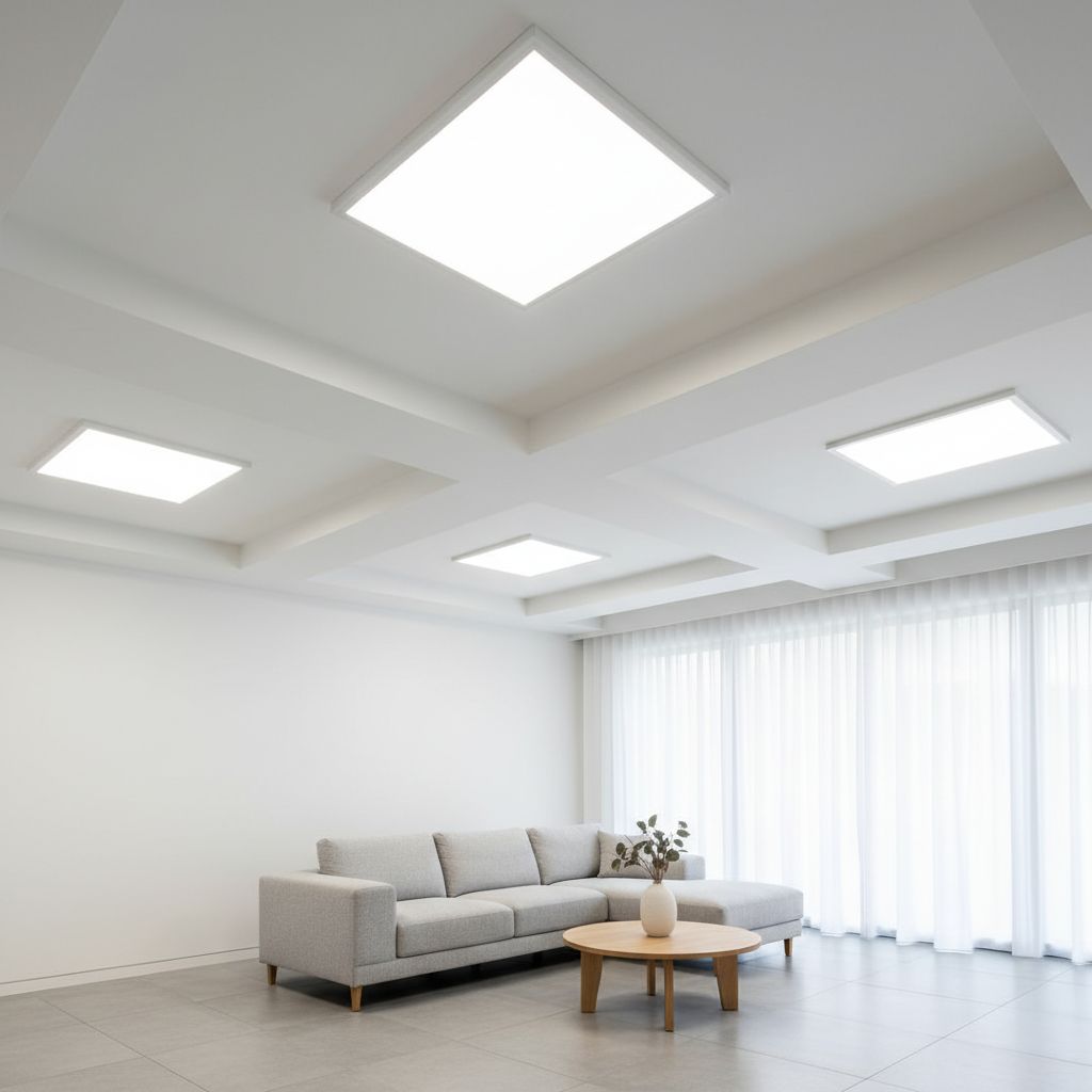 Plafond d'un salon moderne fraîchement repeint en blanc, mettant en valeur la luminosité de la pièce.