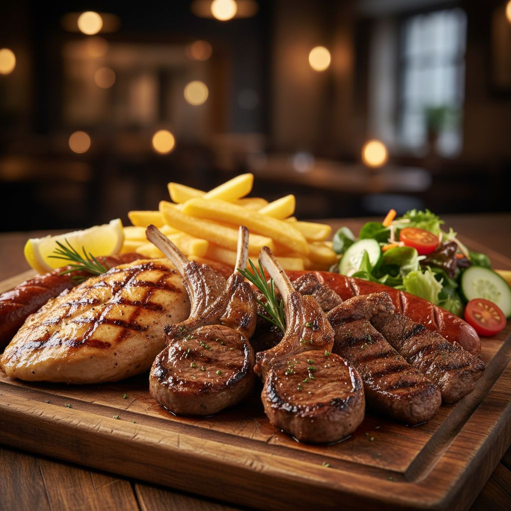 Un plat de grillades mixtes généreusement servi, avec différentes viandes saisies à la perfection, accompagné de frites et d'une petite salade, le tout présenté sur une planche en bois rustique.