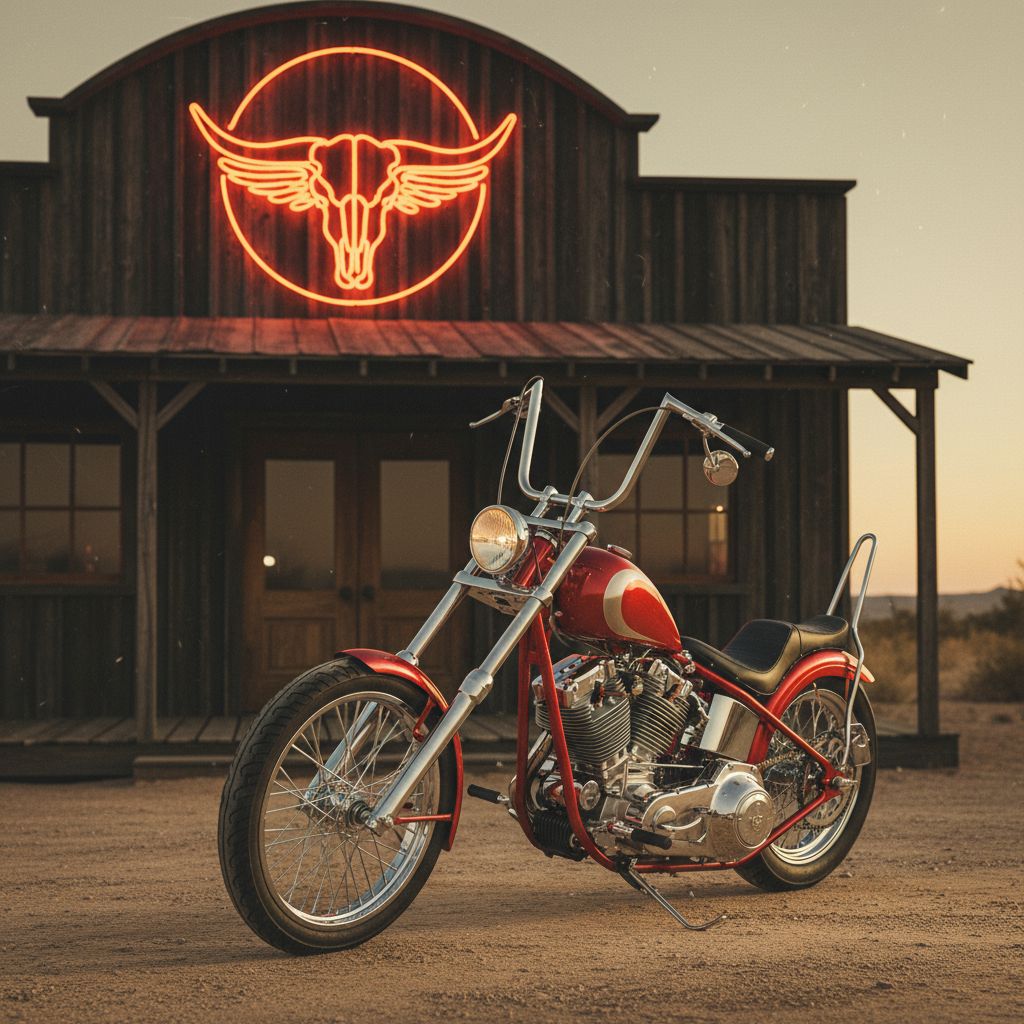 Une moto de style custom américain vintage garée devant un bar à l'aspect de saloon du Far West, avec une enseigne au néon.