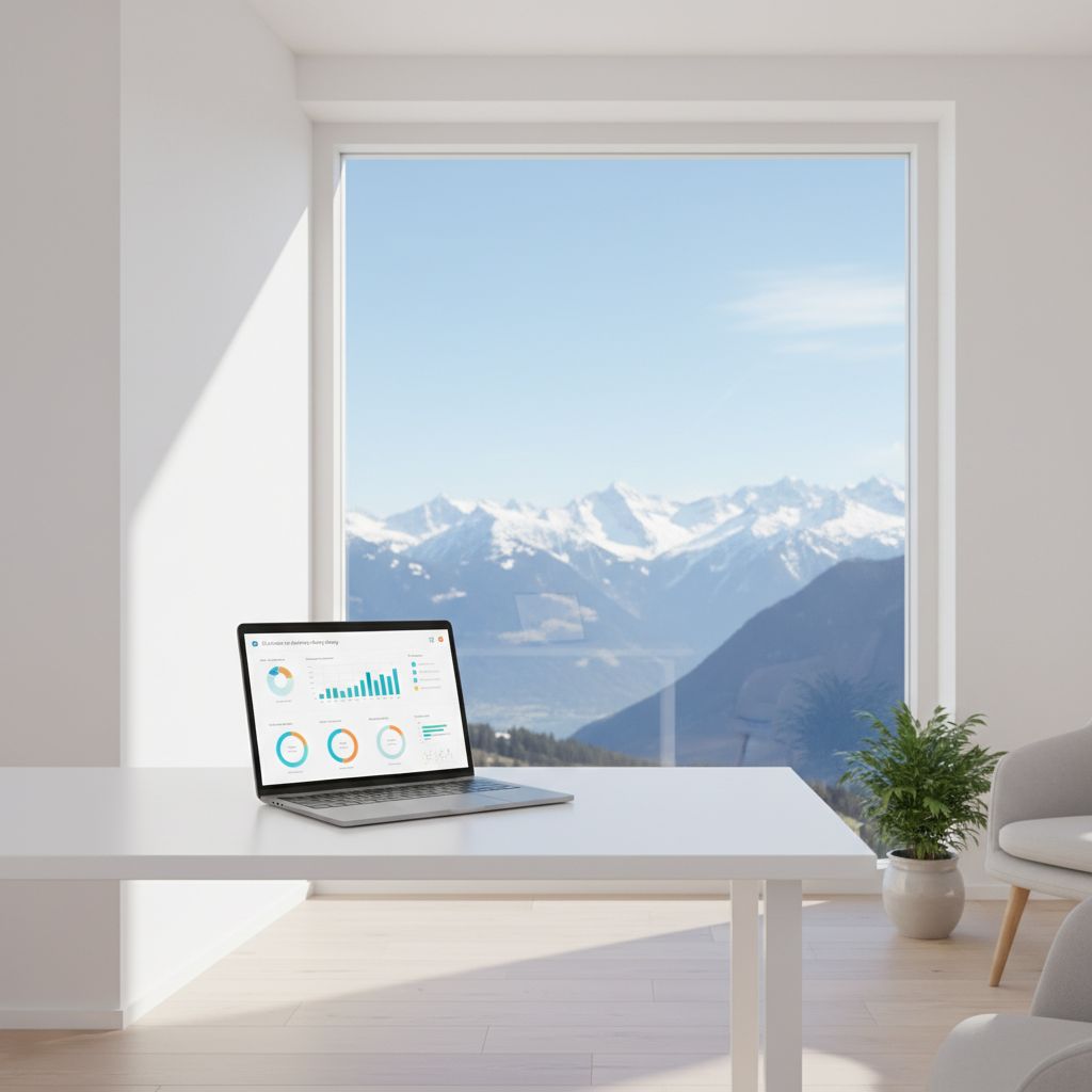Un bureau de design moderne et épuré avec un ordinateur portable ouvert sur un tableau de bord analytique, symbolisant la stratégie marketing SaaS. La vue depuis la fenêtre montre les Alpes suisses, ancrant la scène en Suisse.
