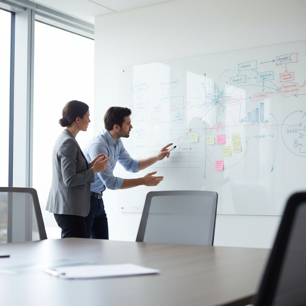 Deux entrepreneurs qui brainstorm en live devant un grand tableau blanc couvert de schémas, l'image même de la planification stratégique.