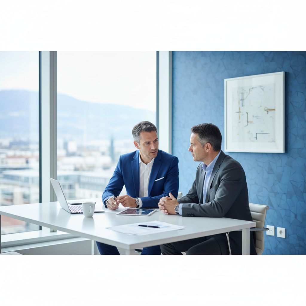 Un entrepreneur de PME discutant de sa stratégie financière avec un conseiller d'une fiduciaire suisse moderne dans un bureau lumineux.