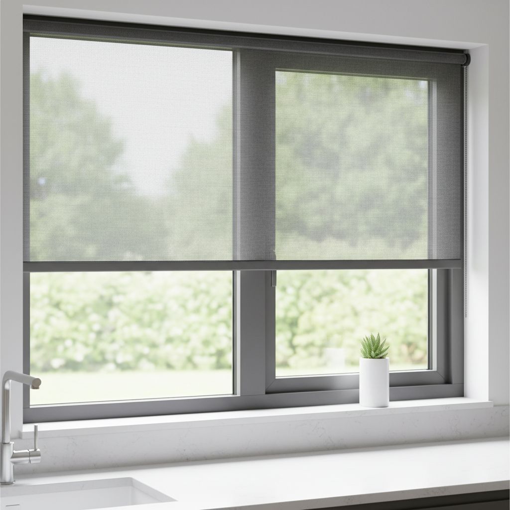 Une fenêtre de cuisine moderne et lumineuse équipée d'une moustiquaire enroulable discrète, à moitié descendue, montrant comment elle se fond dans le cadre de la fenêtre.