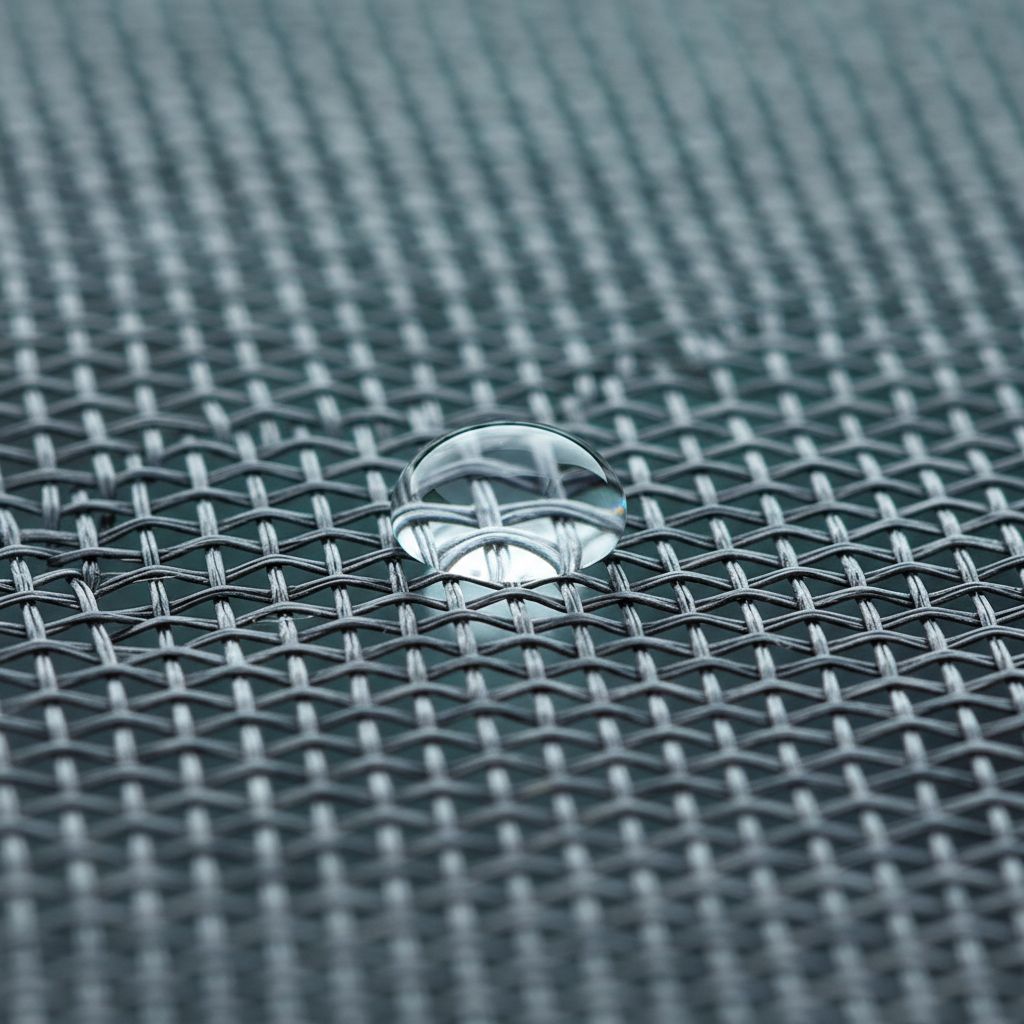 Un gros plan sur la maille fine et résistante d'une toile de moustiquaire en fibre de verre, avec une goutte d'eau perlant sur sa surface pour illustrer sa résistance à l'humidité.