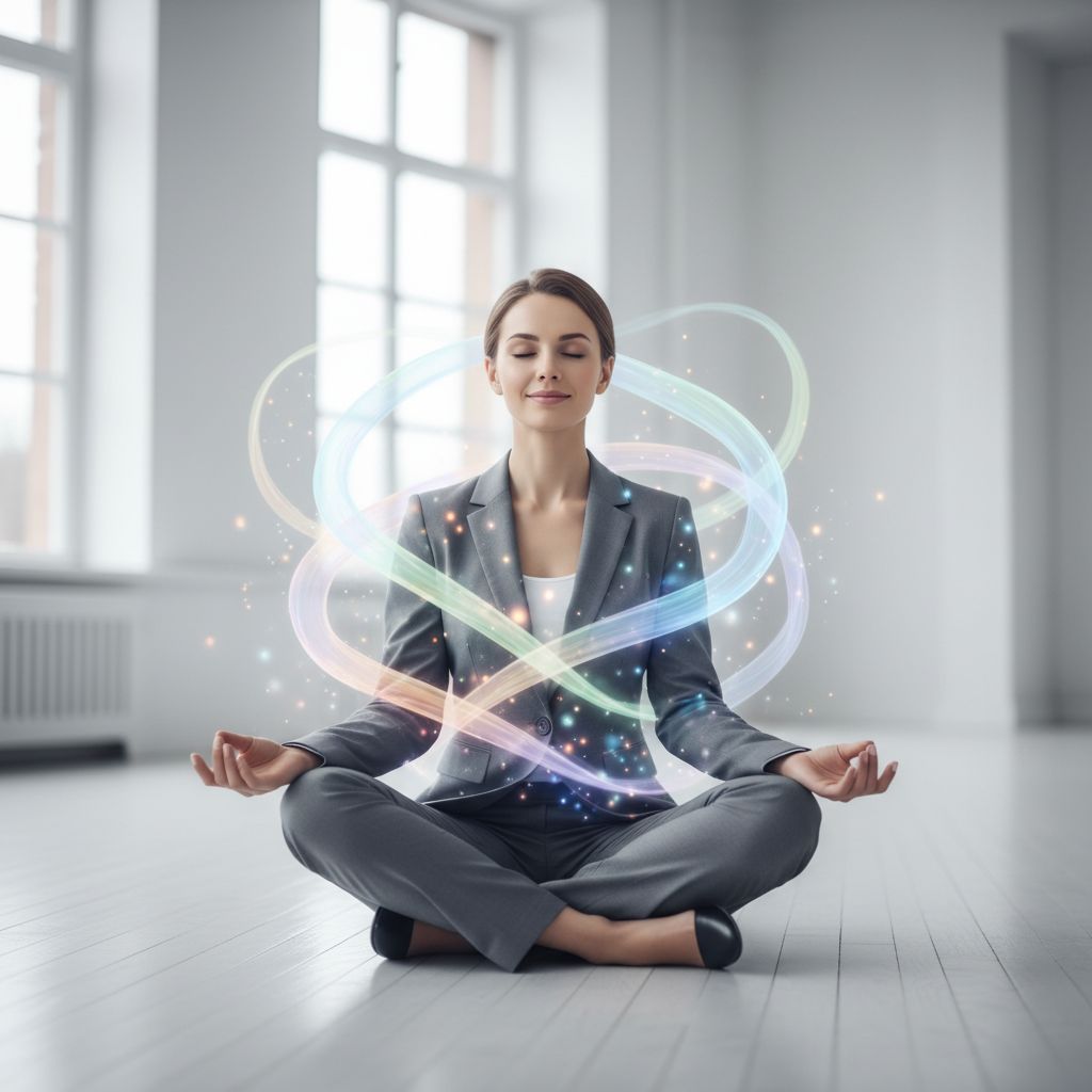 Image sereine d'une silhouette humaine avec des flux d'énergie colorés et doux qui l'entourent, symbolisant l'équilibre énergétique.