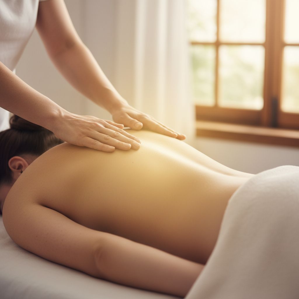 Des mains de praticien planant avec douceur au-dessus du dos d'une personne allongée, une lueur dorée subtile symbolisant le flux d'énergie transmis.