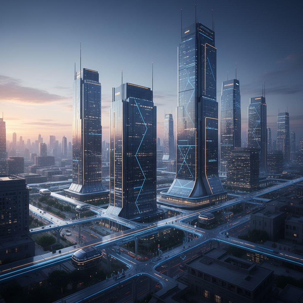 A vibrant, futuristic city at dawn, symbolizing the dawning of a new era of AI and technology.