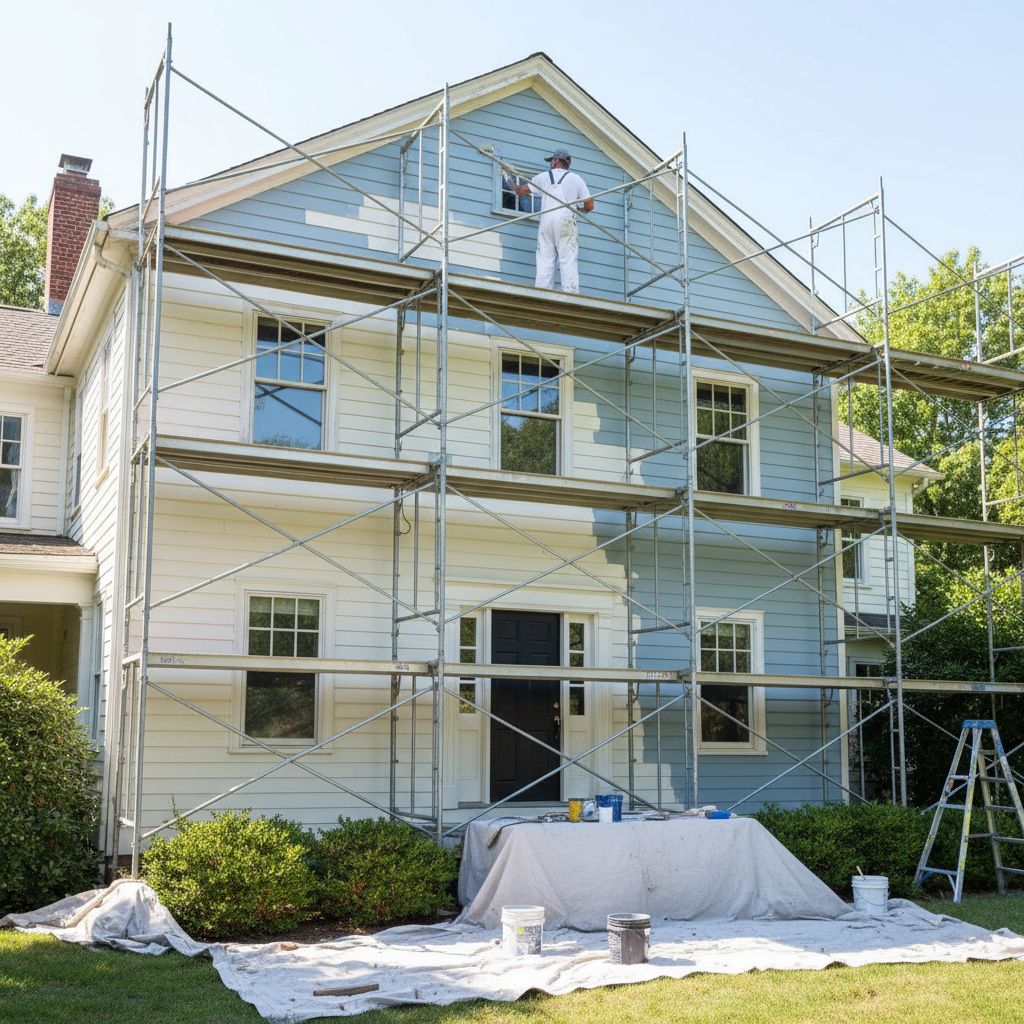 Des murs extérieurs d'une maison en cours de ravalement, avec un peintre sur un échafaudage appliquant une nouvelle couche de peinture, symbolisant les travaux de grande envergure couverts par la garantie décennale.
