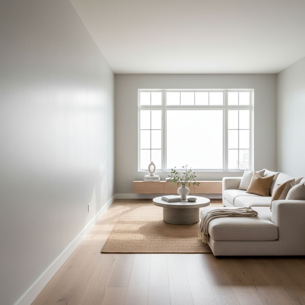 Un salon moderne et lumineux avec des murs fraîchement peints dans une teinte de gris clair, un mobilier élégant et une grande fenêtre laissant entrer la lumière naturelle, illustrant le résultat d'un travail de peinture professionnel de haute qualité.